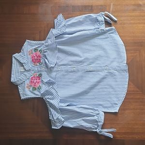 White and blue stripped floral button up